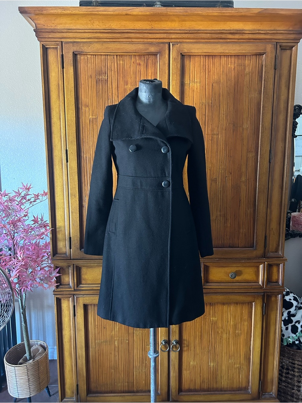 Old Navy Black Wool Blend Fit & Flare Coat XS | Classic Double Breaste